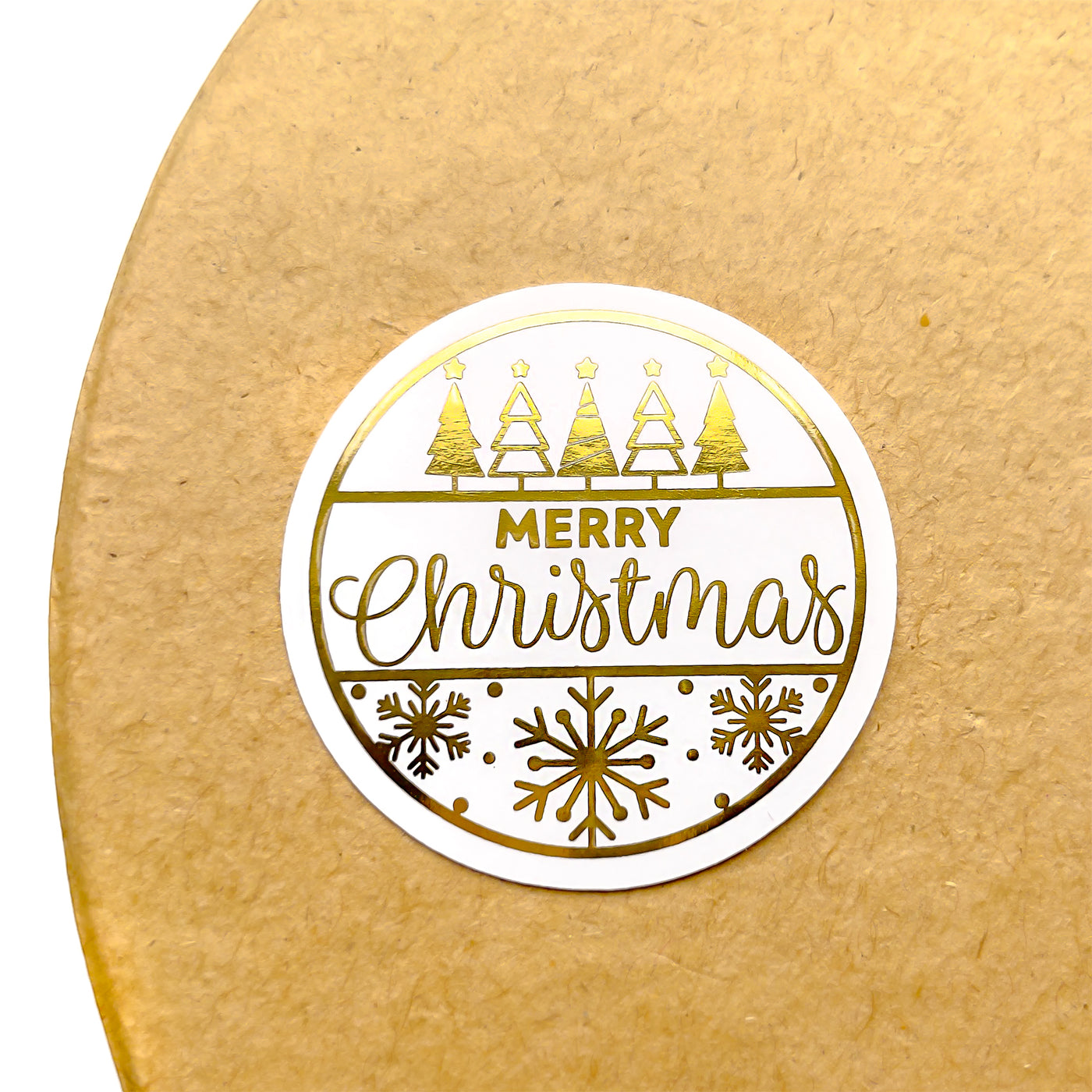 Foiled Modern Merry Christmas With Trees & Snowflakes Stickers Round