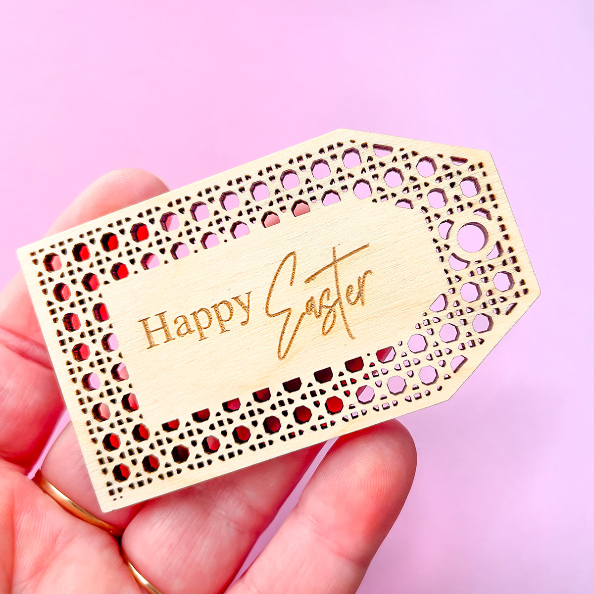 Wooden Happy Easter Rattan Pattern Tag With Hole