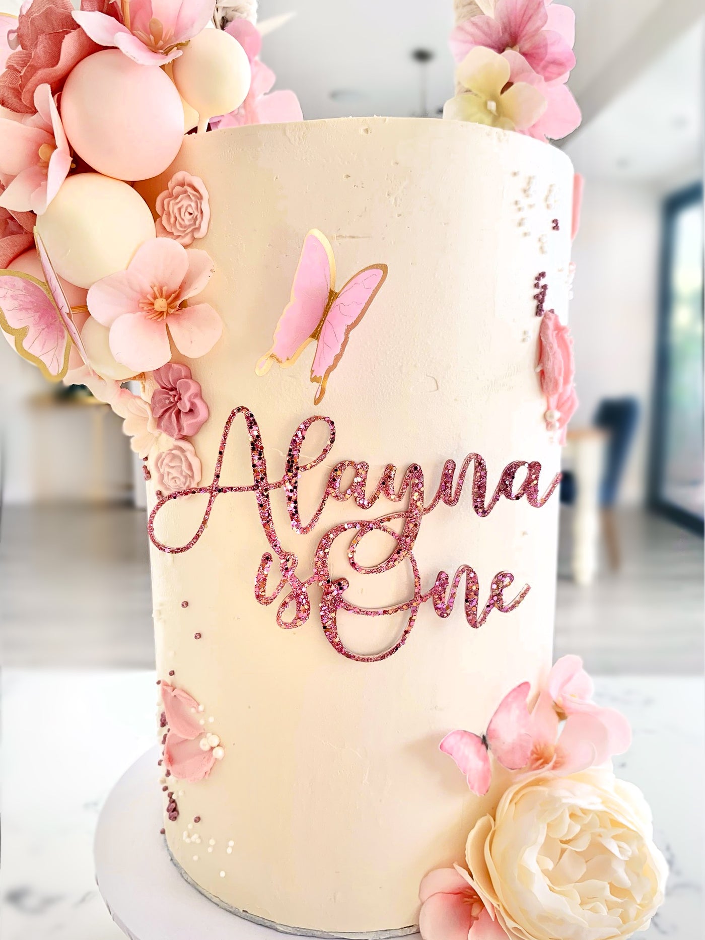 Name Is Age Word GLITTER Overlaid Charm Cake Topper SCRIPT STYLE